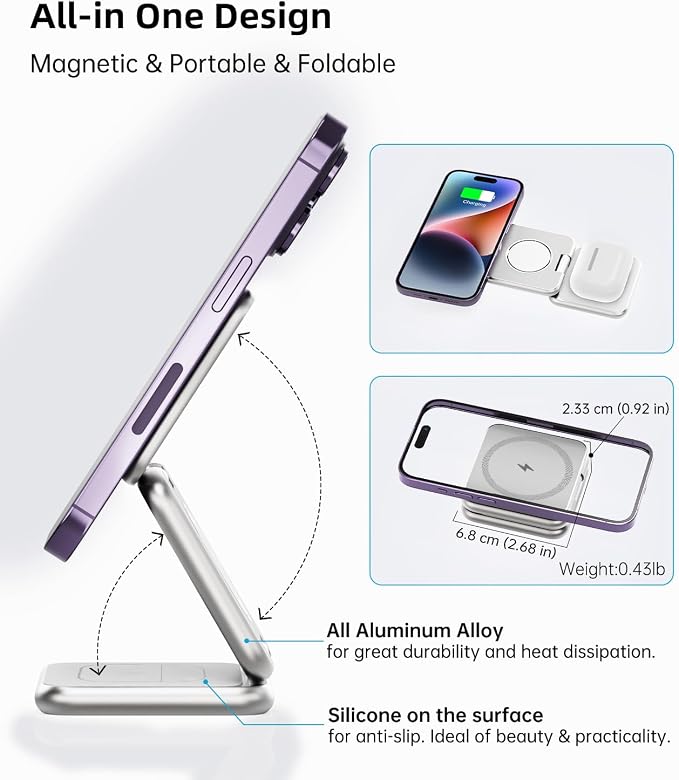 Foldable Magnetic Wireless Charger, KU XIU X40 Aluminum Alloy 3-in-1 Charging - Image 8