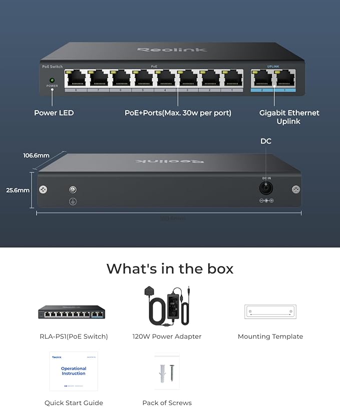 REOLINK PoE Switch with 8 PoE and 2 Gigabit Uplink Ports, IEEE802.3af/at - Image 2