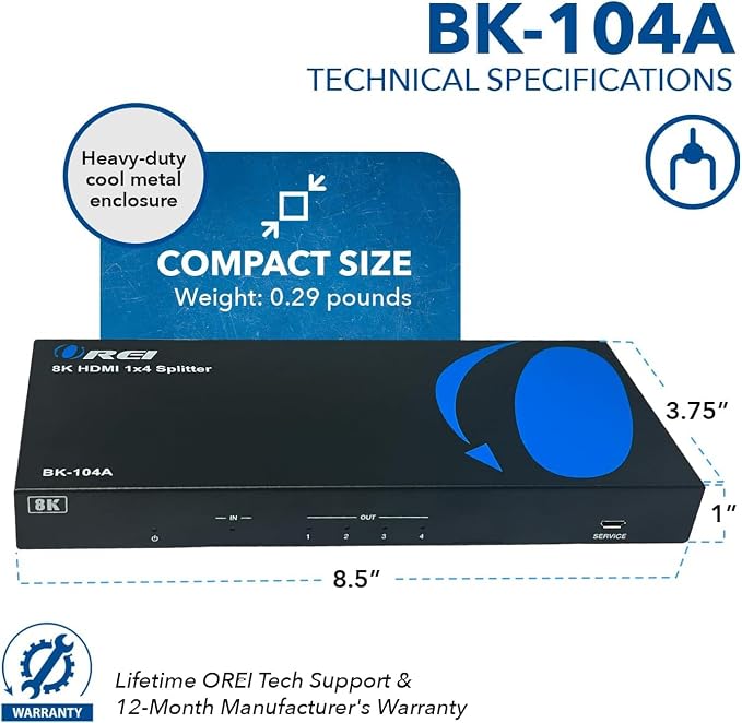 OREI 8K HDMI Splitter 1 in 4 Out, 1 x 4 Duplicate/Mirro Screen - Image 5