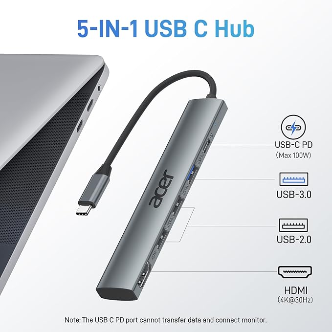 Acer 5 in 1 USB C Hub with 4K HDMI, 100W Power Delivery, 3 USB A Data Ports - Image 2