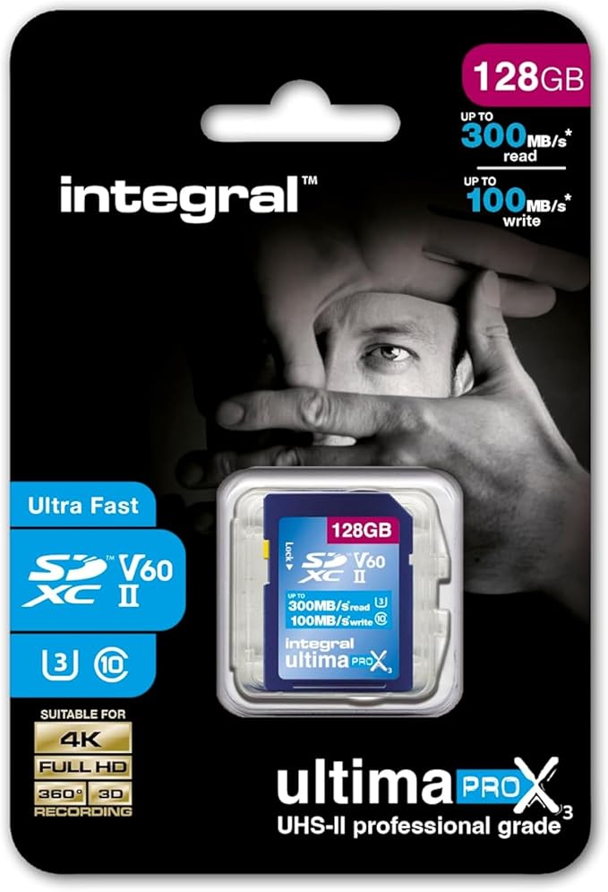Integral 128GB UHS-II SD Card V60 Up to 300MB/s Read and 100MB/s Write Speed by Integral
