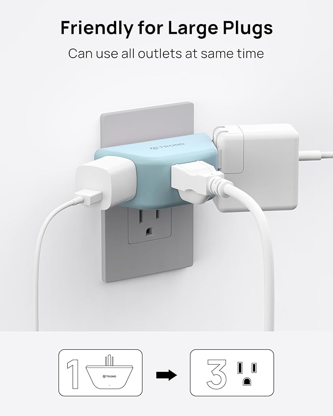 TROND Outlet Extender, 3 Way Angled Plug Splitter, 3-Prong Grounded Wall Outlet - Image 3