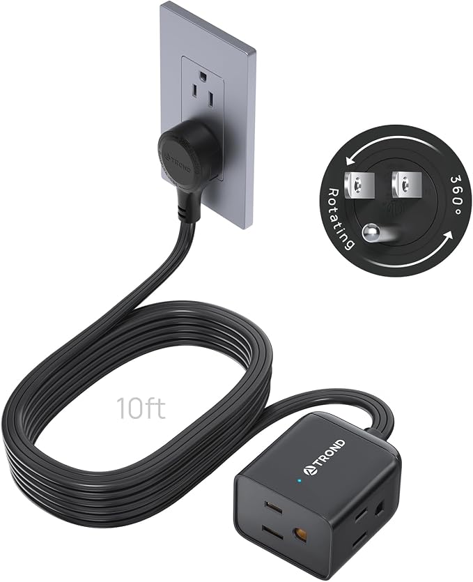 TROND 360° Rotating Flat Plug Extension Cord 10ft, Low Profile Small Power Strip by TRONDOfficial