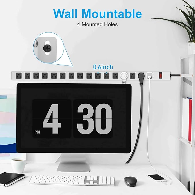 JUNNUJ Metal 16 Outlet Power Strip, Mountable Heavy Duty Power Strip, 1200J - Image 4