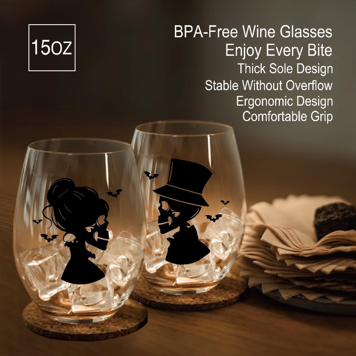 Perfectinsoy Skull Wine Glass 2 Piece with Gift Box, Till Death Skeleton Bride, Valentine's Day Halloween Anniversary Wedding Gifts for Couple Wife Husband, Couple Gifts for Boyfriend Girlfriend