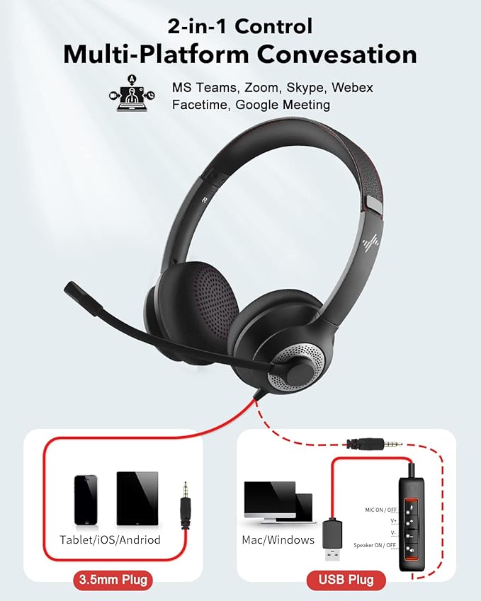 USB Headset with Mic for PC, On-Ear Computer Laptop Headphones with Noise - Image 5