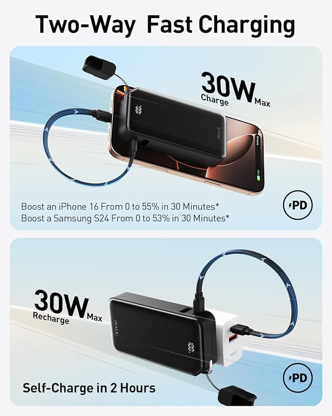 iWALK Portable Charger, Ultra Small 10, 000mAh 30W PD Power Bank, USB C in&Out - Image 3