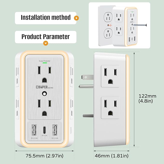 USB Wall Charger Surge Protector, Super Electro 6 Outlet Extender - Image 4