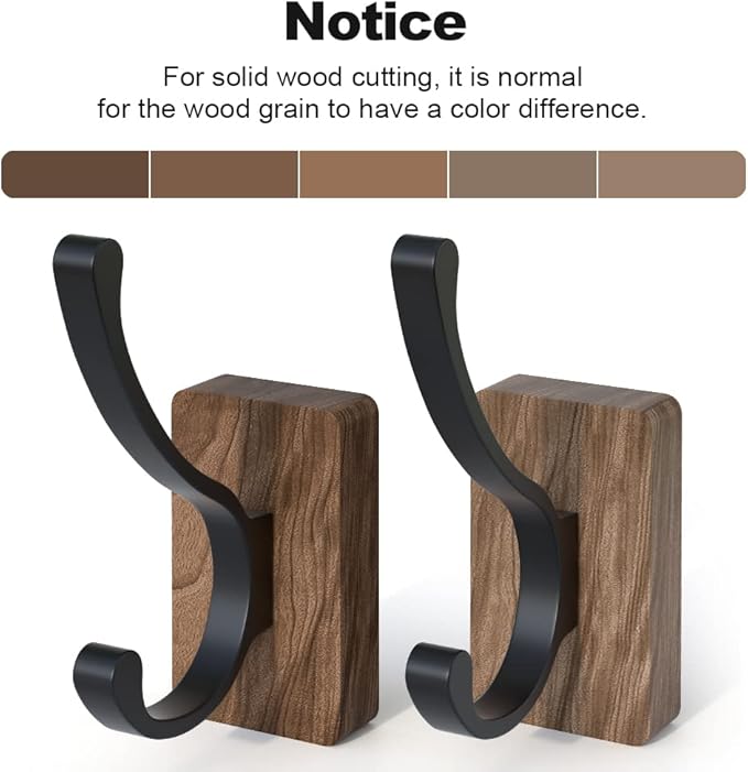 4 PCS Black Walnut Wood Wall Hooks Adhesive Mounted & Wall Mounted Rustic - Image 3