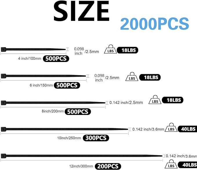 2000 PCS Zip Ties Assorted Sizes 4+6+8+10+12 Inch Self-locking Nylon Cable ties - Image 2