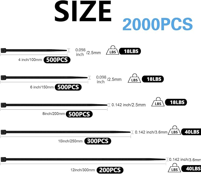 2000 PCS Zip Ties Assorted Sizes 4+6+8+10+12 Inch Self-locking Nylon Cable ties - Image 2