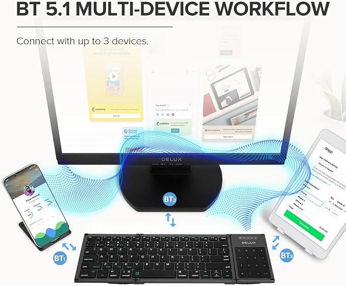 DeLUX Full Size Folding Keyboard 78 Keys, Wireless Bluetooth Keyboard - Image 4