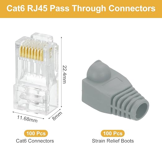 MECCANIXITY 100pcs Cat6 RJ45 Pass Through Connectors, RJ45 Connector 8P8C Gold - Image 2