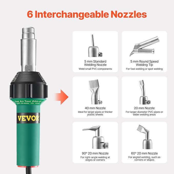 VEVOR Hot Air Plastic Welder, 1600W Hot Air Torch Pistol, 122-1112℉ PVC TPO - Image 3