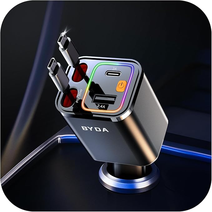4 in 1 Retractable Car Charger, 69W Car Charger USB C, Cigarette Lighter Adapter by BYDA