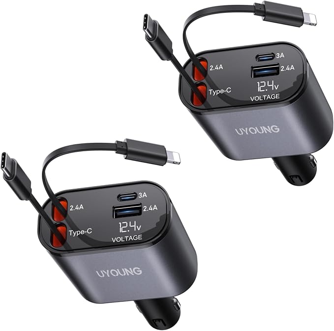 Car Phone Charger Adapter 2Pack Retractable Car Charger 4in1 Fast Charging Dual by UYOUNG