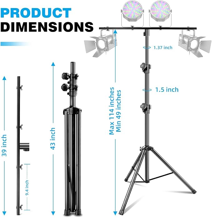 DJ Stand, T-Bar Tripod Stage Lights Stand Portable and Adjustable 49-114 Inch - Image 3