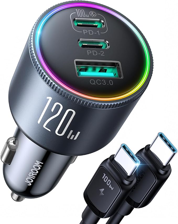 JOYROOM 120W Super Fast Car Charger USB C, 3-Port PD100W+PD35W Car Charger by JOYROOM
