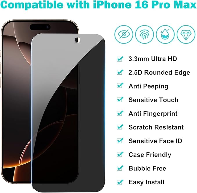 3 Pack for iPhone 16 Pro Max Privacy Screen Protector + 2 Camera Lens 9H+ Full - Image 5