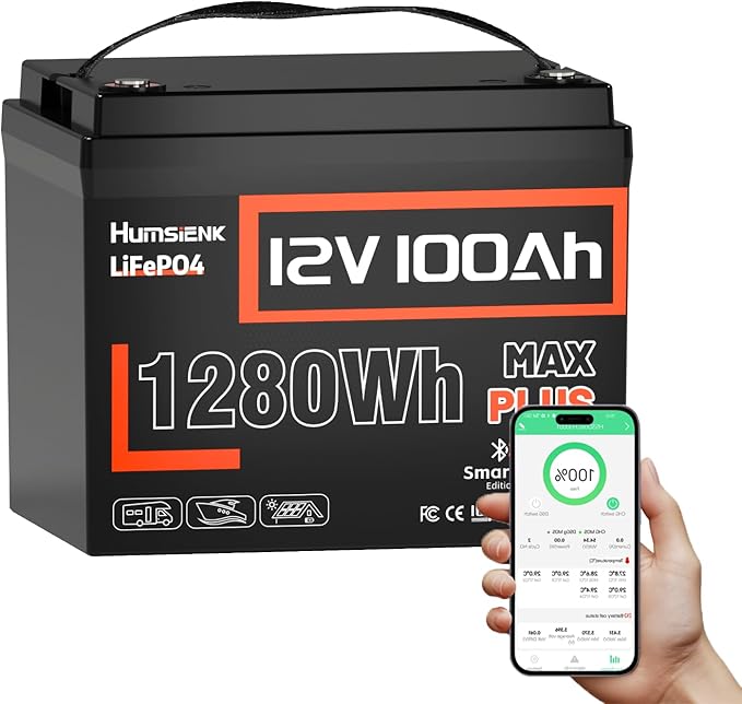 12V 100Ah LiFePO4 Lithium Battery MAX Bluetooth 5.0 IP67, Built-in 110A BMS by HumsiENK