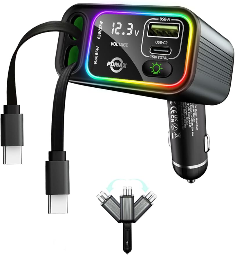 Retractable Car Charger USB C, 145W Type C Car Charger Fast Charging by PowerDeliveryMaximum