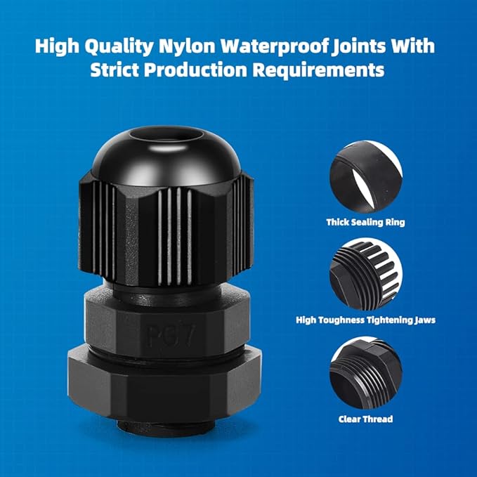 Cable Gland 20 Pack Plastic Waterproof Adjustable Connector 3-7mm PG7 Strain - Image 5