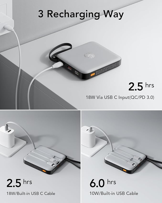 VRURC Portable Phone Charger 4 Built-in Cables, Fast Charging PD 20W Power Bank - Image 5