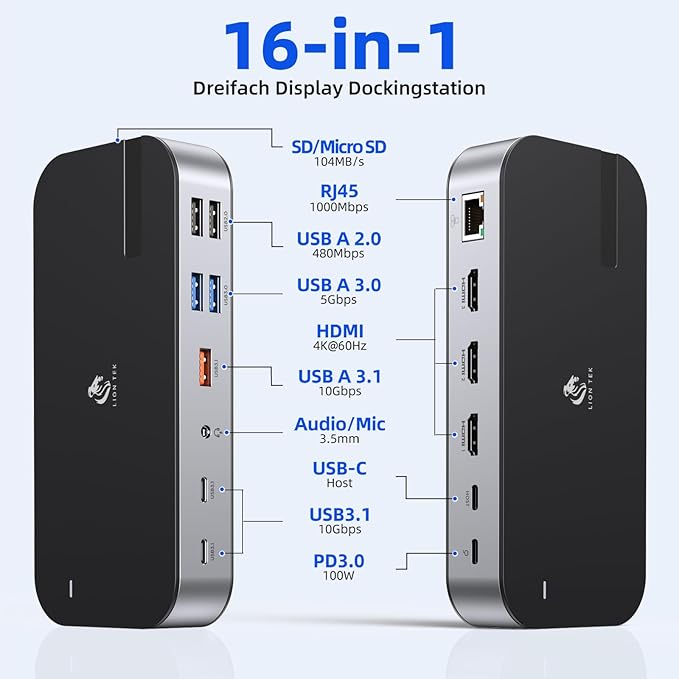 Laptop Docking Station, 16 in 1 Docking Station USB C Docking Triple Monitor - Image 2