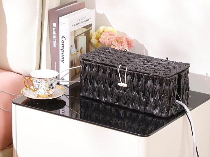 Black Cable Management Box, 2 Pack Large & Medium Rattan Cable Organizer Box - Image 7