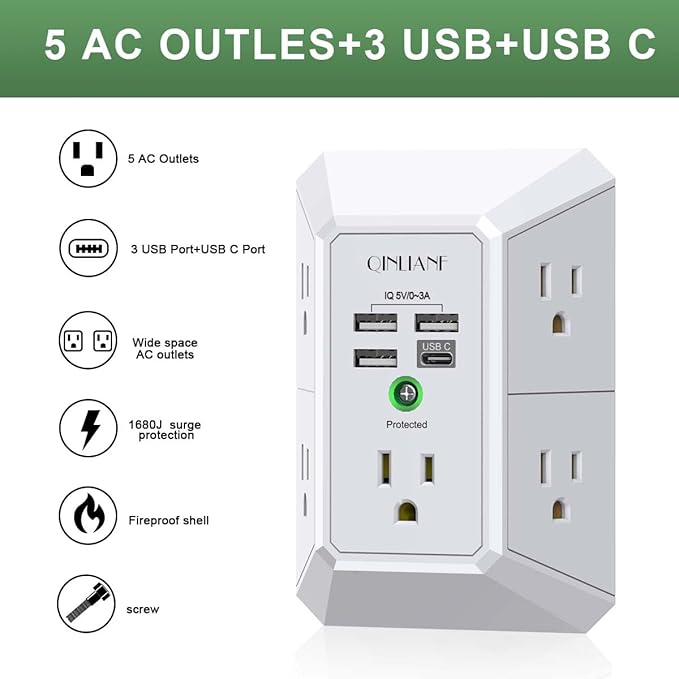 Wall Charger, Surge Protector, QINLIANF 5 Outlet Extender - Image 2