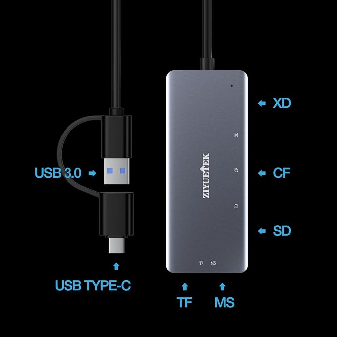 SD Card Reader, Aluminum 5in1 USB USB-C to SD Micro SD MS CF XD Card Reader - Image 7