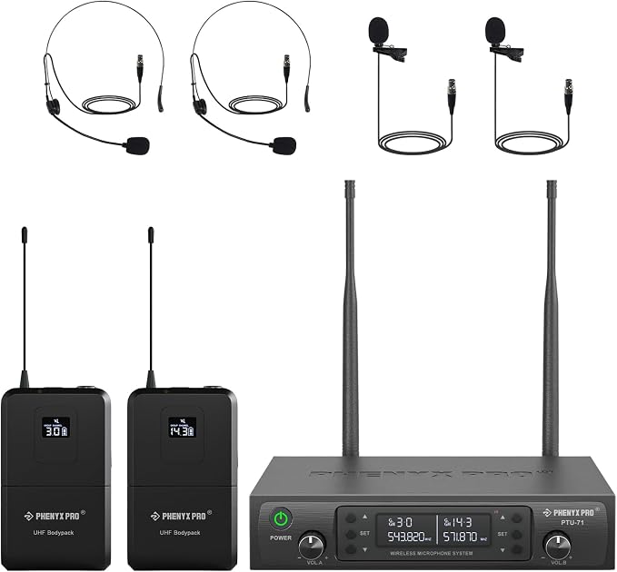 Phenyx Pro Dual UHF Wireless Microphone System，Auto-Scan Cordless Mic Set w/ by PhenyxPro