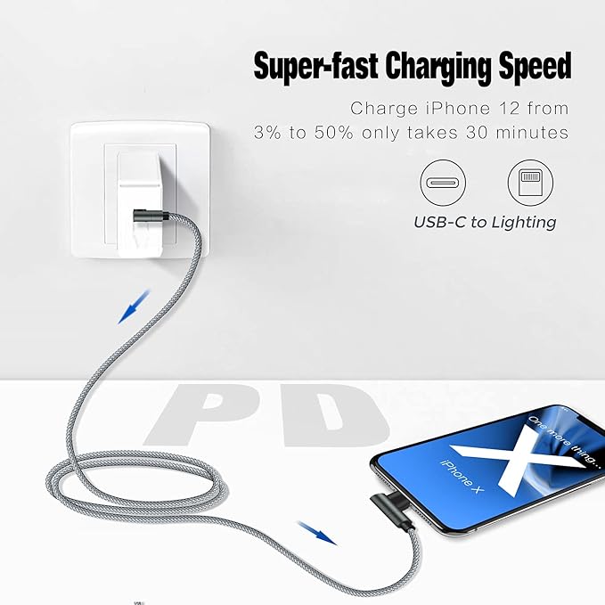 USB C to Lightning Cable MFi Certified PD Fast iPhone 12 Charging 6ft Cable 90 - Image 2