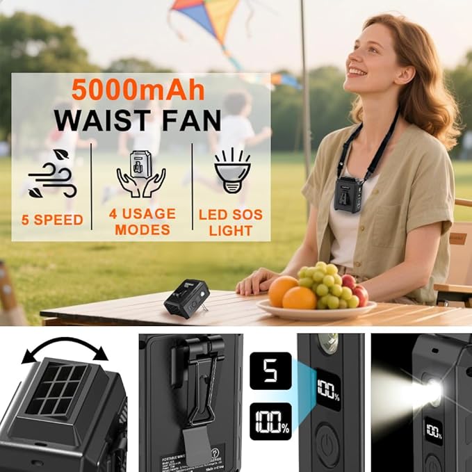 CAZOKASI Personal Waist Clip Fan Rechargeable Wearable Hand Free Wearable - Image 6