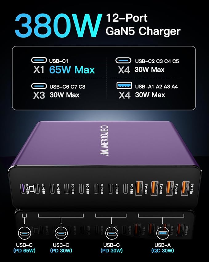 MEKIOJEO 12 Ports Aluminum Alloy 380W Charging Station Fast USB C Charger Block - Image 4