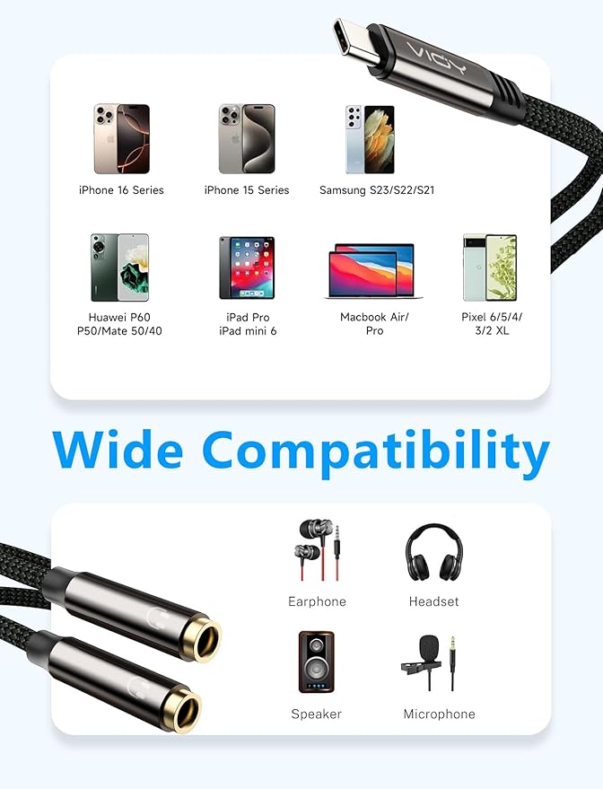 VIOY USB C to Dual 3.5mm Female Headphone Splitter, Type C to Headphone Audio - Image 2