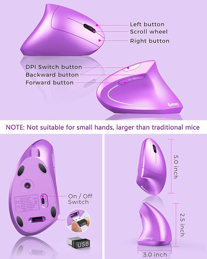 Lekvey Ergonomic Mouse, Wireless Vertical Mouse Rechargeable 2.4 GHz Optical - Image 6