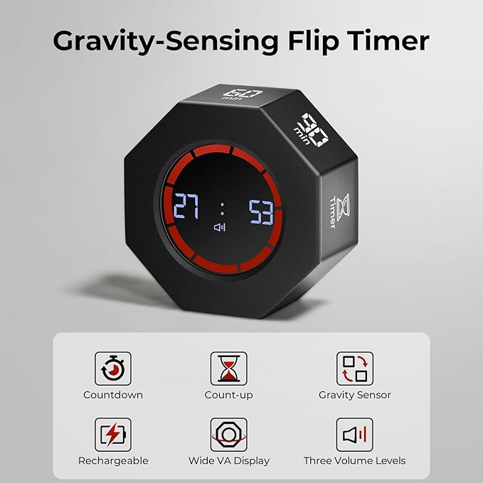 Rechargeable Pomodoro Timer, 8-Angle Auto-Rotating Screen - Image 3