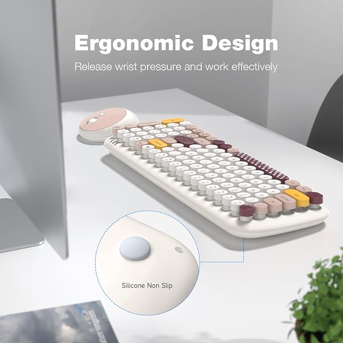 KNOWSQT Wireless Keyboard and Mouse Combo, Light Beige 100 Keys 2.4 GHz Round - Image 6