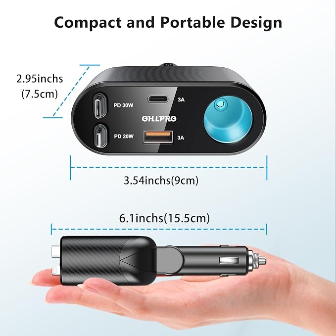 OHLPRO Retractable Car Charger Cigarette Lighter Adapter, 168W 5 in 1 Fast - Image 5