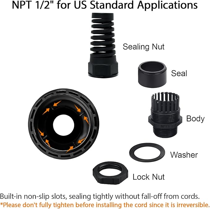 LeMotech 2Pcs NPT 1/2" IP68 Waterproof Cable Gland Flex Spiral Strain Relief - Image 3