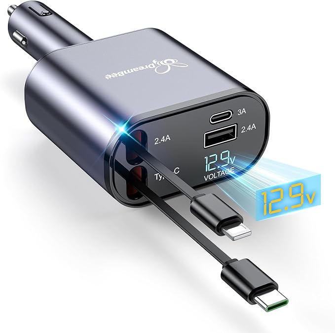 DreamBee Retractable Car Charger, 66W 4 in 1 Super Fast Charge Car Phone Charger by PowerYourWorldWithDreamBee