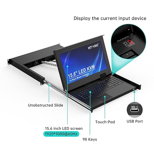 MT-VIKI 16 Port VGA KVM Console, 1U Rack Mount KVM Console w/15.6'' LCD Monitor - Image 8