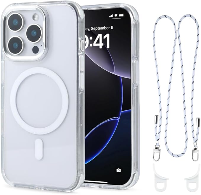for iPhone 14 Pro Case with 62.99 inch Lanyard, Classic Clear&White Magnetic by QATYYY