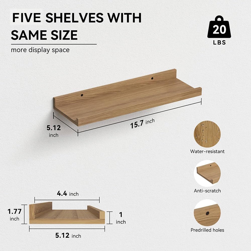 RICHER HOUSE 5 Set Floating Shelves for Wall Decor, Wall Mounted Book Shelf, Nursery Shelves Picture Ledge Shelf with Lip for Wall Storage, Bedroom, Living Room, Bathroom - Oak