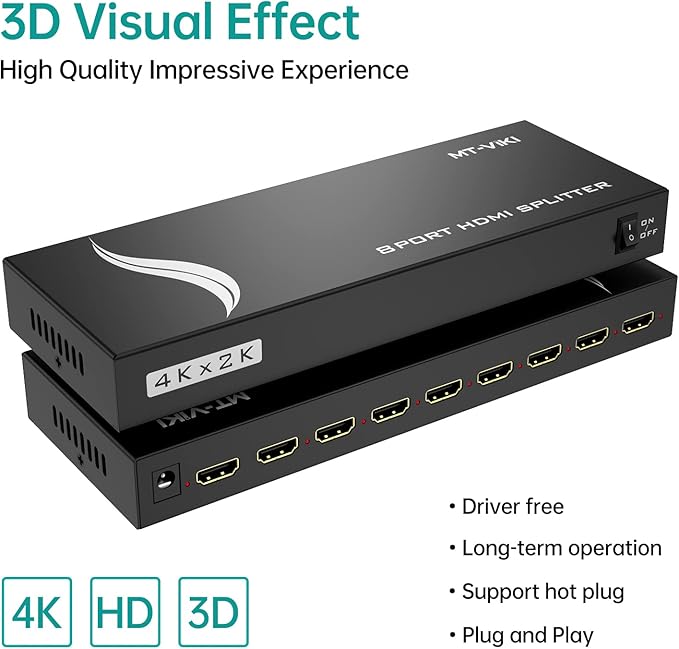 MT-VIKI 4K 1x8 HDMI Splitter 1 in 8 Out, 8 Port Powered HDMI Splitter Multi - Image 4