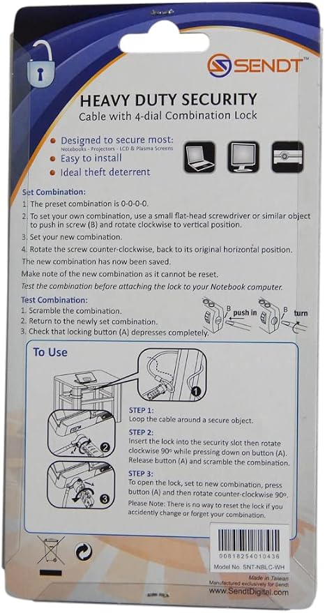 Sendt White Notebook/Laptop Combination Lock Security Cable - Image 4