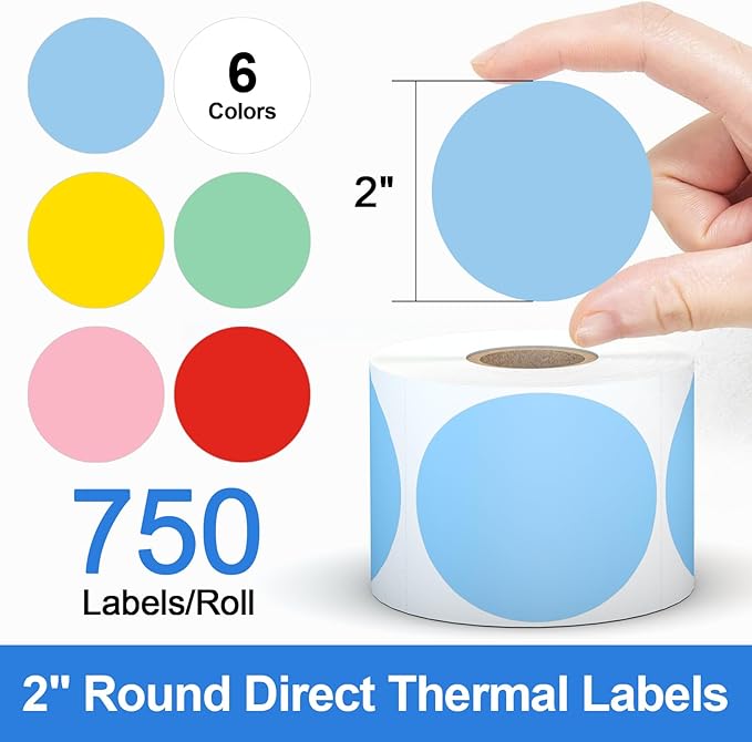 6 Rolls 2" Color Circle Direct Thermal Stickers Labels, Self-Adhesive Round - Image 2