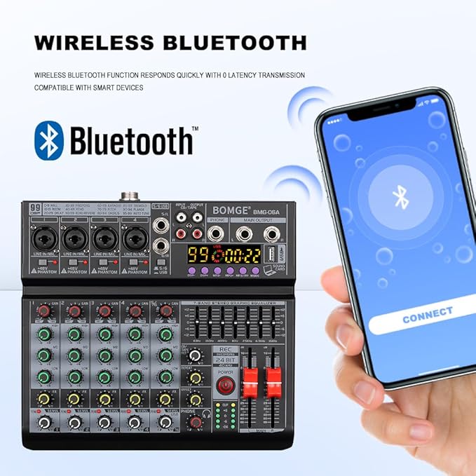 BOMGE 06A Professional 6 Channel DJ Audio Mixer, DJ Controller Sound Mixer - Image 4