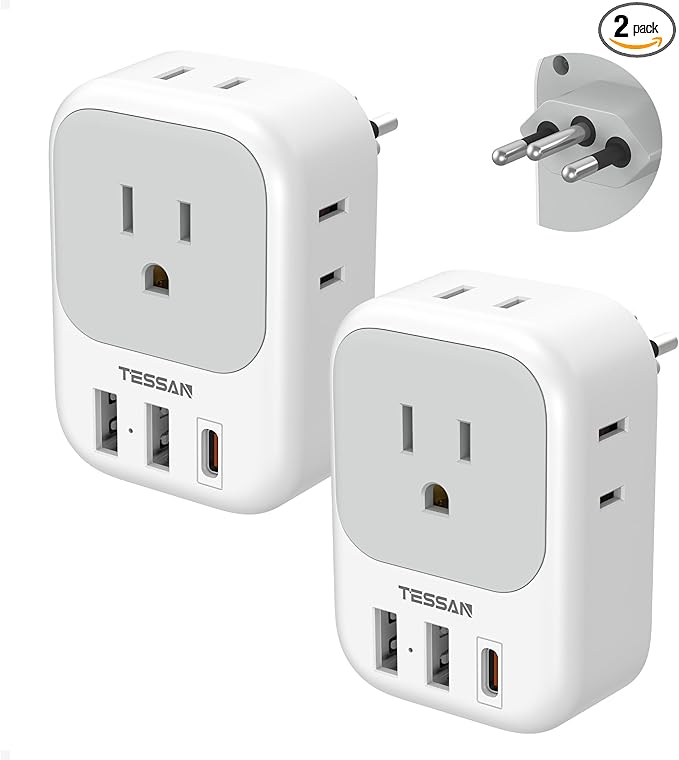TESSAN Brazil Plug Adapter 2 Pack, 7 in 1 US to Brazil Power Adapter by TESSAN